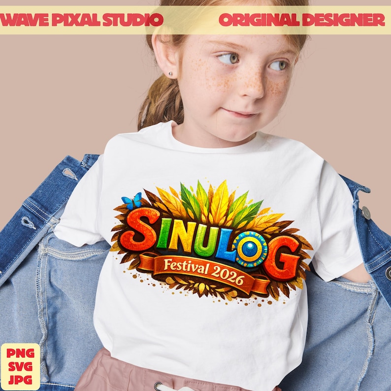 May include: White t-shirt featuring the text "SINULOG Festival 2026" in vibrant colors, with a butterfly and decorative elements. The shirt is worn by a young person, with a denim jacket visible.