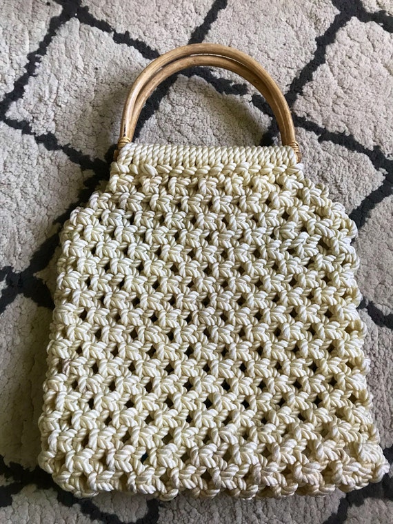 Vintage 1970/'s Handmade White Macrame Woven Handbag