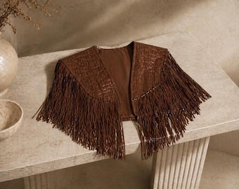Women Brown Crocodile Leather Fringe Shawl Cape: Western Boho Cowgirl Shoulder Wrap Festival Outfit