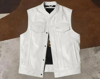 Men's White Genuine Leather Biker Vest – Sleeveless Streetwear Jacket