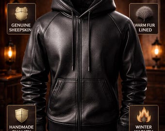 Handmade Black Sheepskin Leather Hoodie - Winter Streetwear - Etsy