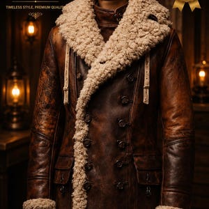 May include: A brown leather coat featuring a thick, cream-coloured shearling collar, cuffs, and hem. The double-breasted jacket includes dark buttons, two front pockets, and light-coloured trim accents. Text on the image reads REVON LEATHER.