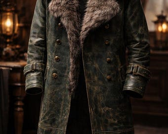 Trench-coat vert en cuir véritable pour homme, pardessus d'hiver à col en fourrure de style vintage offert