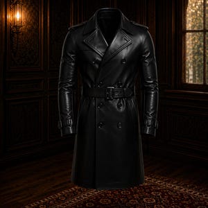 May include: A black double-breasted trench coat featuring a wide notched collar, shoulder epaulets, and a matching waist belt with a rectangular buckle. The coat has long sleeves with adjustable cuff straps and a smooth, polished finish.