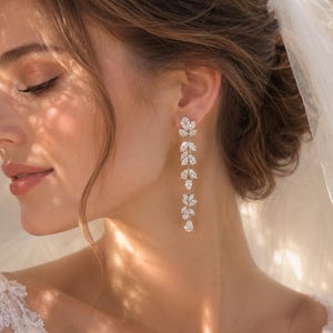Long Zirconia Bridal Earrings: Crystal Leaf Teardrop, 925 Sterling Silver Dangle Wedding Statement Jewelry