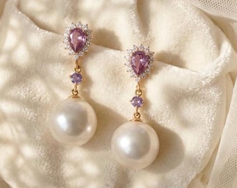 Purple Crystal Pearl Drop Earrings Bridesmaid Earring – 925 Sterling Silver Bridal Wedding Jewelry