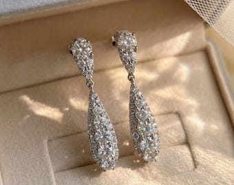 Bridal Crystal Drop Earrings,Dainty Silver Wedding Earring,Sparkly Zirconia Dangle,Bridesmaid Gift