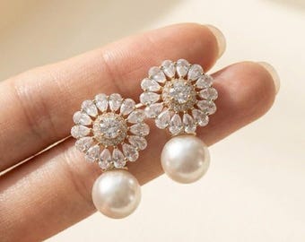 Pearl Floral Bridal Earrings: CZ Flower Studs, 925 Silver Post, Elegant Wedding Jewelry, Hypoallergenic