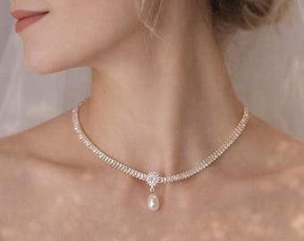 Gold Pearl Choker Necklace, Gold Crystal Zircon Bridal Jewelry, Bridesmaid Necklaces,Wedding Guest Accessory