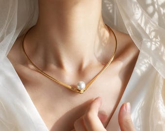 18K Gold Filled Pearl Choker Necklace, Adjustable Collar, Waterproof Bridal Jewelry, Bridesmaid Gift