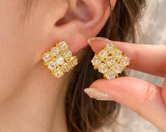 Gold Lattice CZ Stud Earrings, Statement Earring,Crystal Cluster Studs,Bridesmaid Gift,Bridal Jewelry
