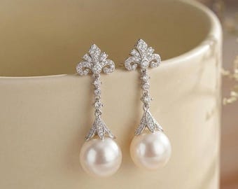 Vintage  Pearl Drop Earrings, Rhinestone Bridal Dangle Jewelry,Silver Wedding Jewelry, Bridesmaid Gift