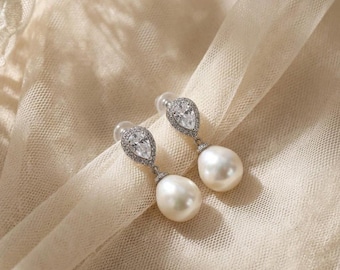 Freshwater Baroque Pearl Drop Earrings with Zircon Teardrop Studs, Bridesmaid Gift,Bridal Wedding Jewelry