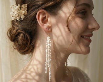 Baroque Freshwater Pearl Long Tassel Earrings, Gold Plated Dangle Bridal Bridesmaid Gift, Wedding Jewelry