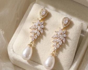 Gold Crystal Pearl Drop Bridal Earrings – Long Dangle Statement Jewelry