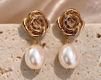 Natural Freshwater Pearl Rose Earrings, Waterproof & Hypoallergenic,925 Sterling Silver Posts, Bridal Bridesmaid Jewelry