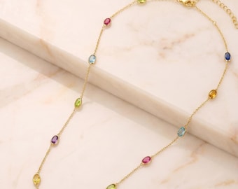 Multi-Stone Gemstone Station Necklace in 18K Gold-Plated Sterling Silver – Colorful Rainbow Dainty Jewelry, Handmade Multi-Gemstone Necklace