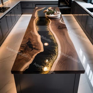 May include: A custom-made kitchen island with a unique design. The countertop features a river of black epoxy resin flowing through natural wood, with a warm, golden shimmer. The island is set on a dark base, creating a striking contrast.