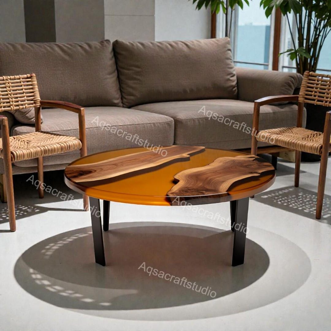 Round Live Edge Epoxy Coffee Table Walnut Side Table Mid Century Modern ...