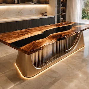 May include: A large rectangular dining table featuring a live-edge wood slab surface with a central black resin river inlay. The base is constructed from metallic, vertically fluted panels with a curved design and integrated warm under-lighting.