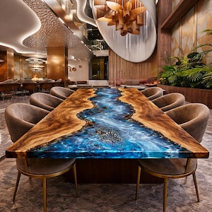 Galaxy Ocean Epoxy Table, Blue Resin River Dining Table, Live Edge Wood Table, Luxury Statement Furniture, Custom Handmade Design