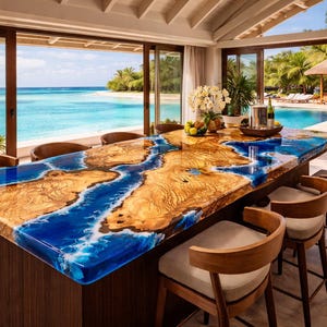 Ocean Blue Epoxy River Kitchen Island Table, Live Edge Wood Countertop, Luxury Resin Dining Island, Modern Resort Style Slab, Custom USA