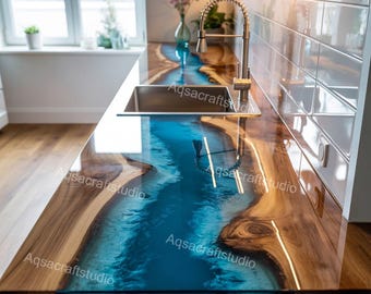 Rustic Epoxy Wood Countertop, Custom Live Edge Kitchen Island Art