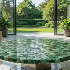 May include: A round coffee table with a mosaic top made of green stones. The table has a polished surface and a silver metal base. The table is in a living room with a view of a garden.