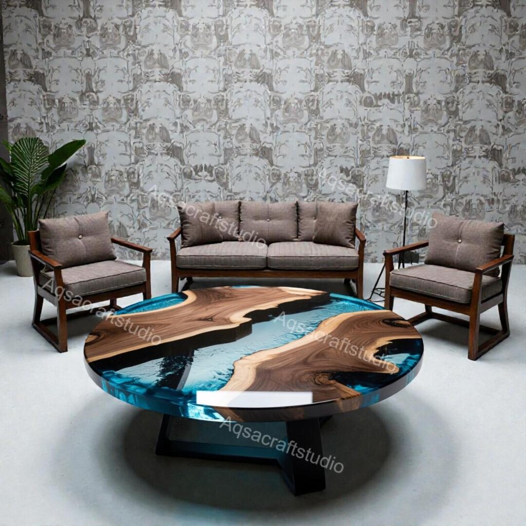 Round Live Edge Epoxy Coffee Table Walnut Side Table Mid Century Modern ...
