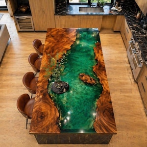 Emerald Green Epoxy River Dining Table, Live Edge Wood Slab Table, Luxury Resin Table Top, Modern Kitchen Island, Custom Handmade USA
