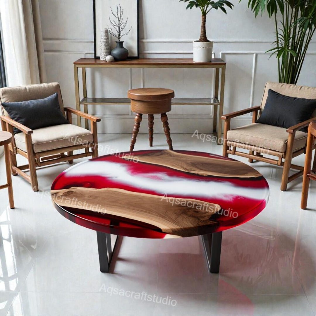 Round Live Edge Epoxy Coffee Table Walnut Side Table Mid Century Modern ...