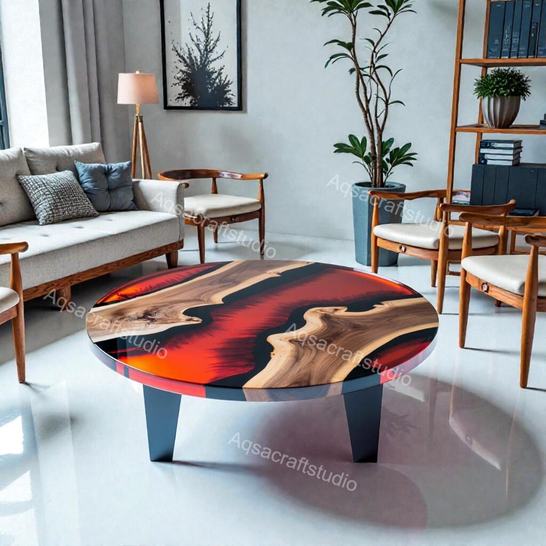 Round Live Edge Epoxy Coffee Table Walnut Side Table Mid Century Modern ...