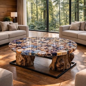 Agate Coffee Table, Live Edge Wood Coffee Table, Luxury Stone Table, Rustic Modern Center Table, Round Coffee Table, Unique Living Room