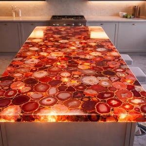 Custom Red Agate Kitchen Island Countertop, Backlit Gemstone Island Table, Luxury Agate Bar Counter, Designer Stone Kitchen Decor