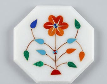 Azulejo floral de mármol hecho a mano, arte en piedra Pietra Dura de colores, azulejo decorativo de mármol blanco, acento floral para pared, decoración de regalo única