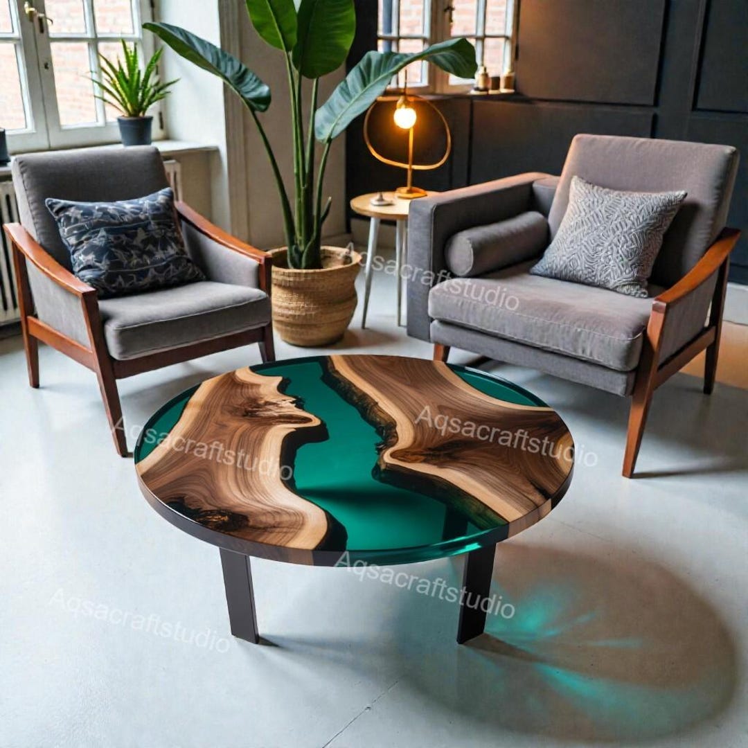 Round Live Edge Epoxy Coffee Table Walnut Side Table Mid Century Modern ...