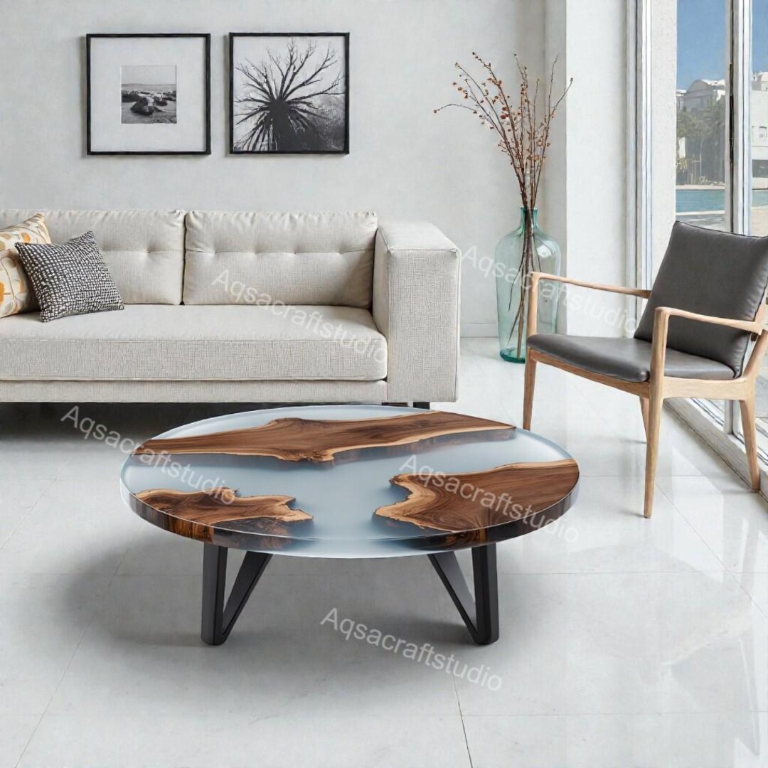 Round Live Edge Epoxy Coffee Table Walnut Side Table Mid Century Modern ...