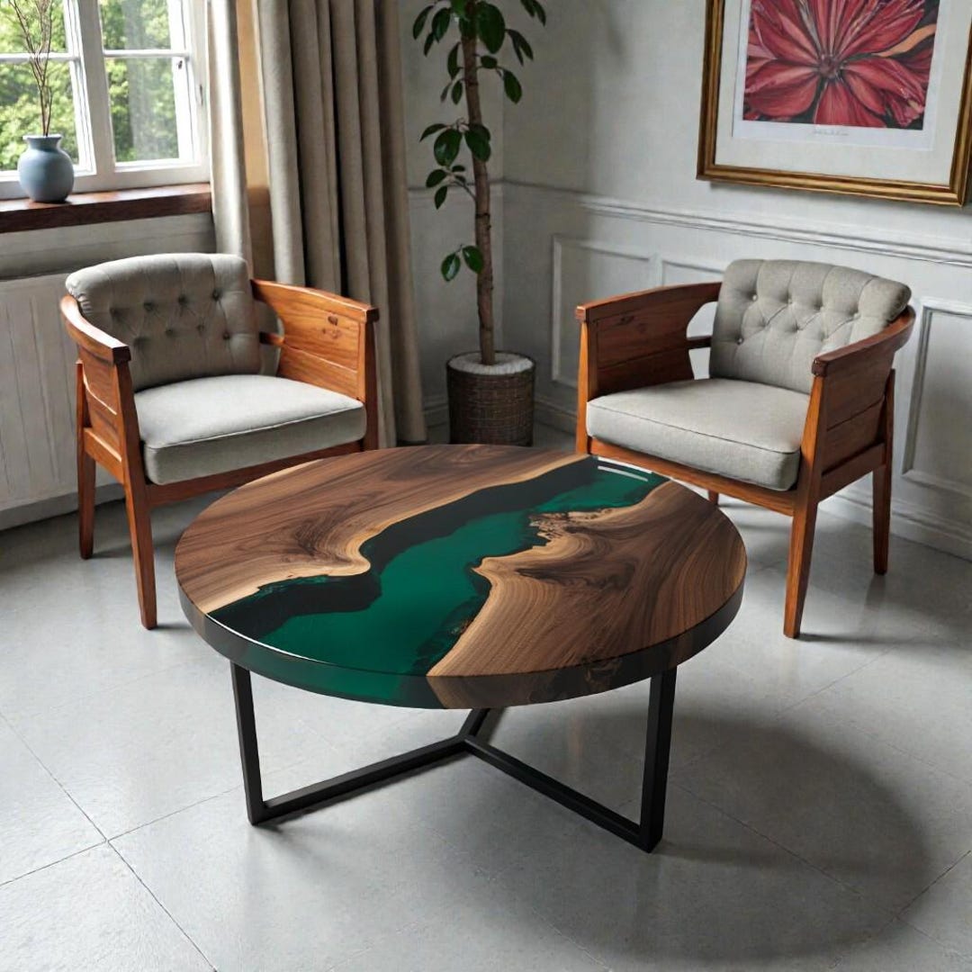 Round Live Edge Epoxy Coffee Table Walnut Side Table Mid Century Modern ...