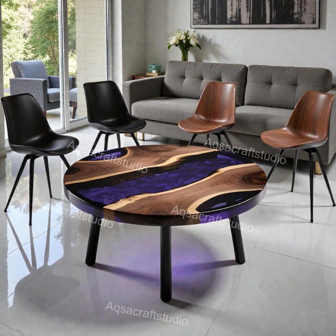 Round Live Edge Epoxy Coffee Table Walnut Side Table Mid Century Modern ...