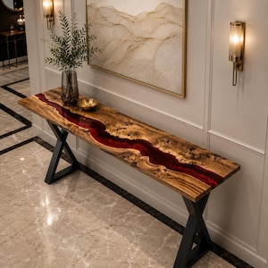 Red River Epoxy Console Table, Handmade Wood Entryway Table, Live Edge Hallway Sofa Table, Luxury Resin Accent Furniture