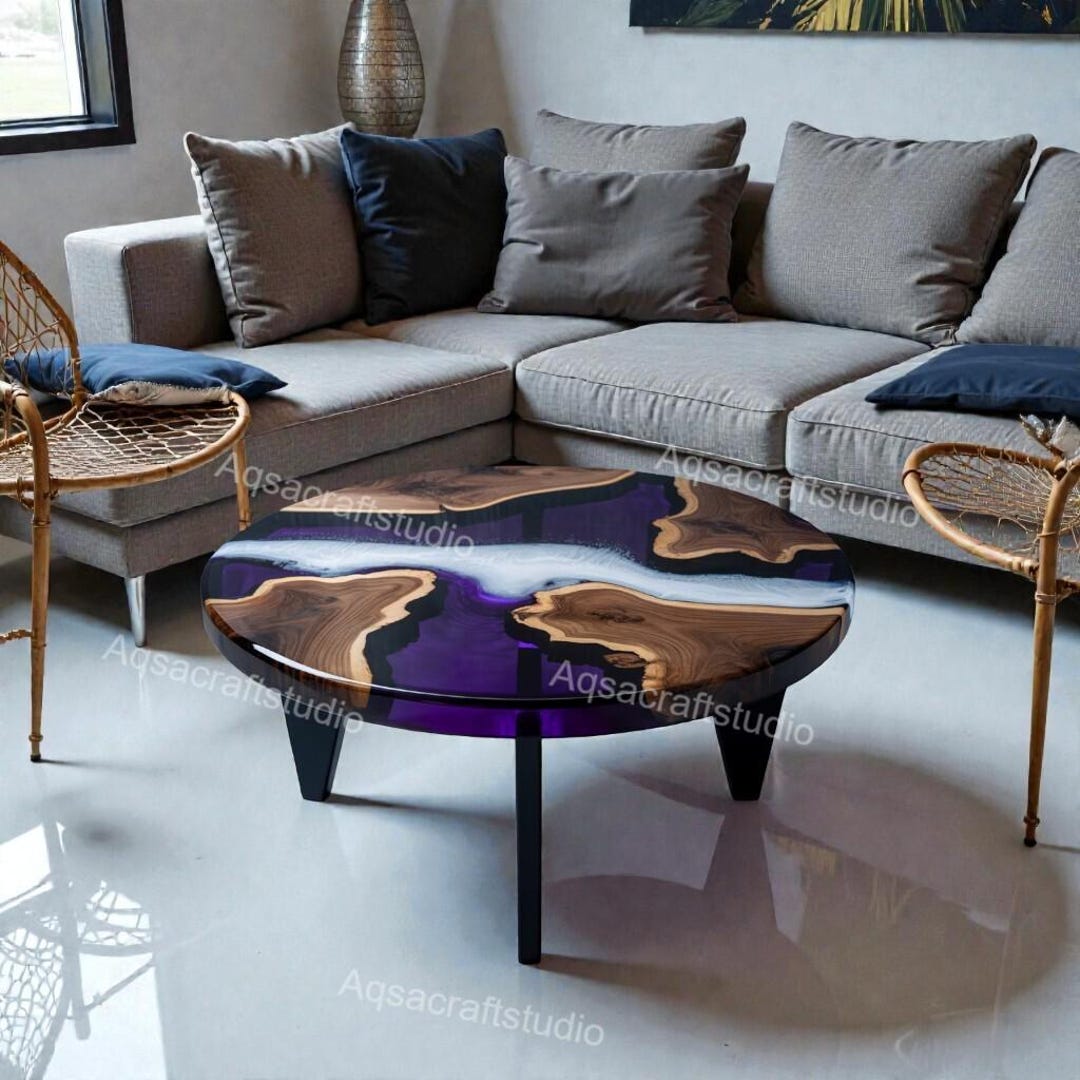 Round Live Edge Epoxy Coffee Table Walnut Side Table Mid Century Modern ...
