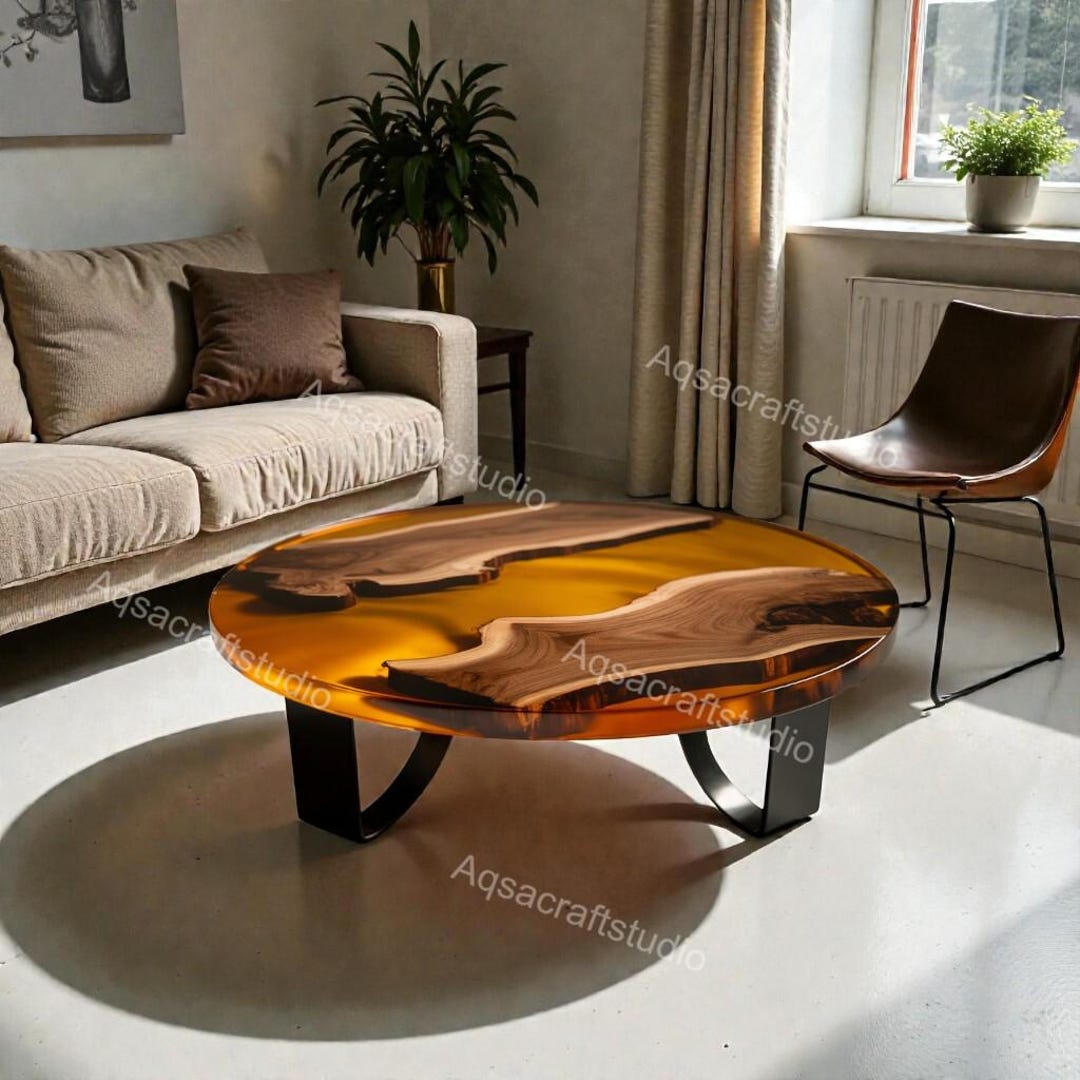 Round Live Edge Epoxy Coffee Table Walnut Side Table Mid Century Modern ...