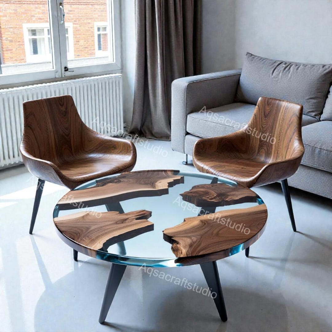 Round Live Edge Epoxy Coffee Table Walnut Side Table Mid Century Modern ...
