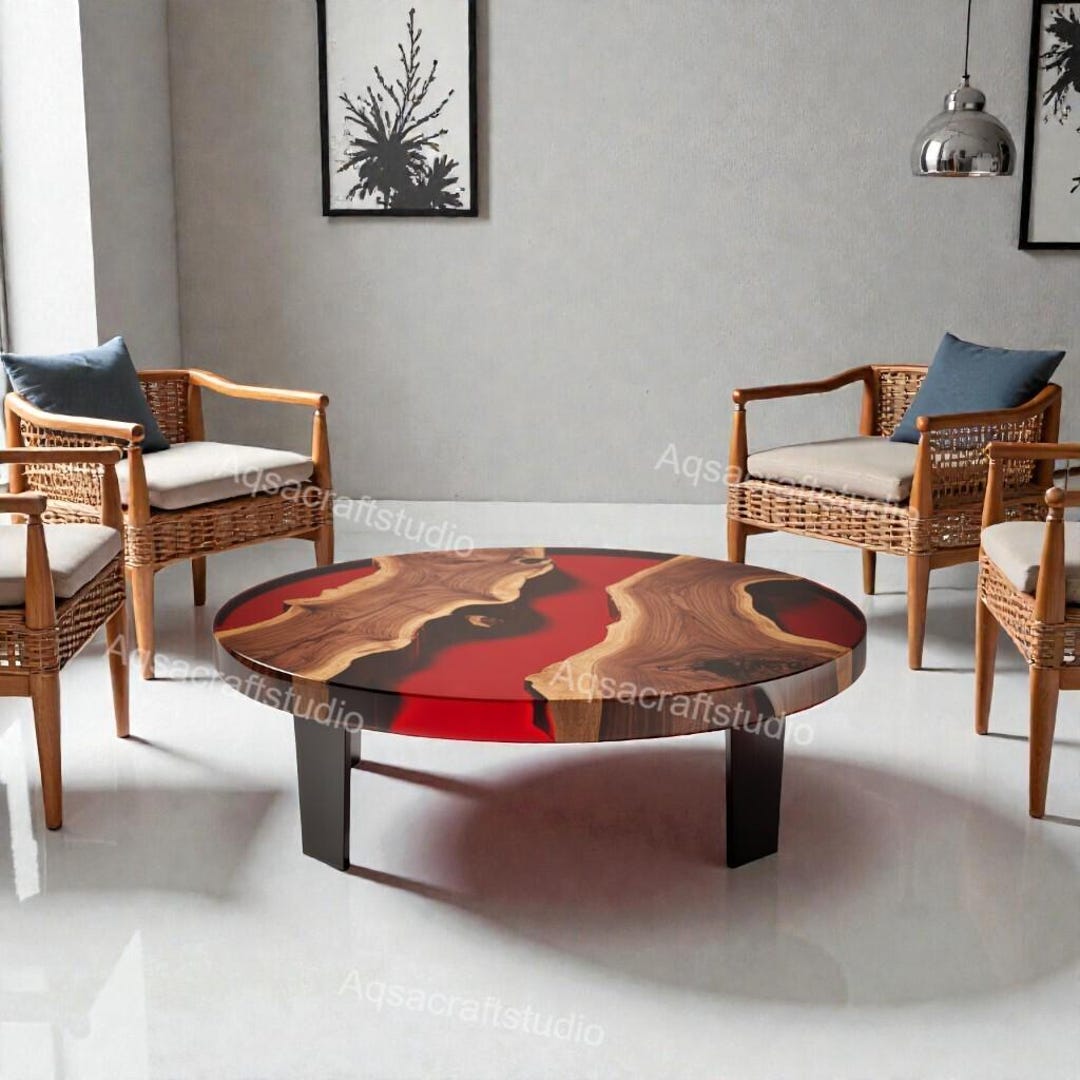 Round Live Edge Epoxy Coffee Table Walnut Side Table Mid Century Modern ...