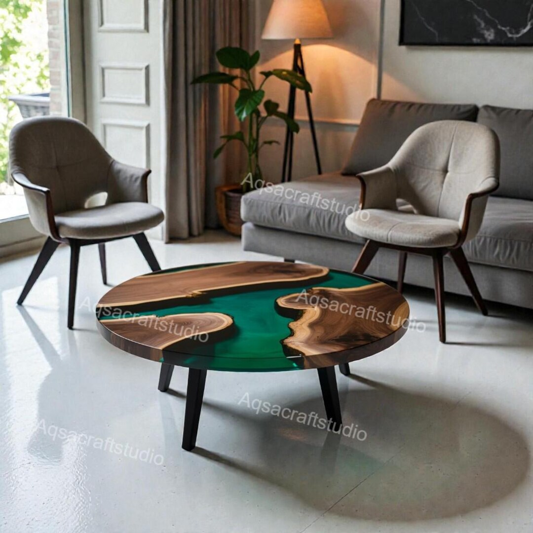 Round Live Edge Epoxy Coffee Table Walnut Side Table Mid Century Modern ...