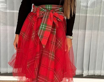 Handmade Red Plaid Women's Tutu - Scottish Chic Elegance, Classic Tartan Design for Versatile Style and Timeless Appeal