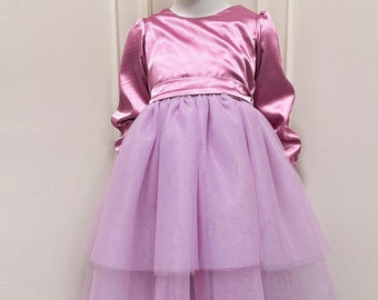 Satin & Tulle Pink Princess Dress - Handmade, Long Sleeve Kids' Formal Wear