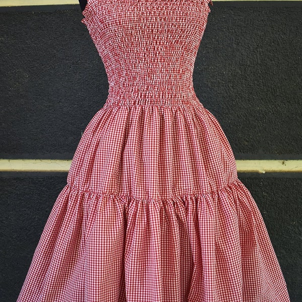 Robe élastiquée à carreaux rouge - Robe shabby chic Taille unique