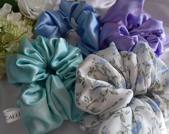 Bleu clair, Turquise, Violet, Scrunchies de satin floral