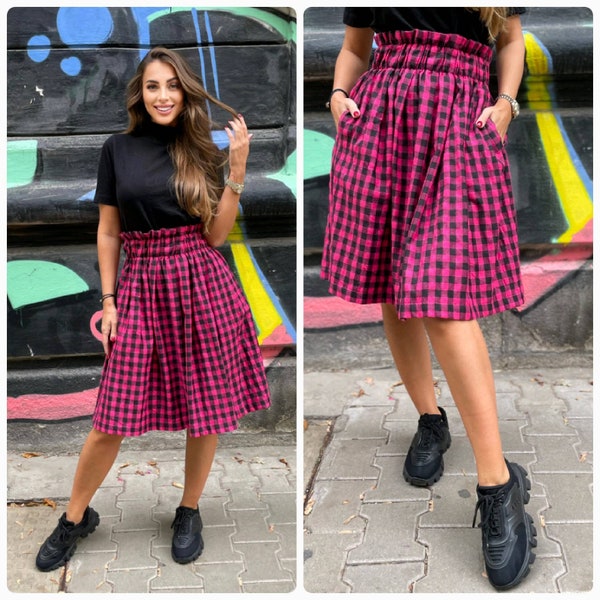 Pink Plaid Women's Midi Skirt